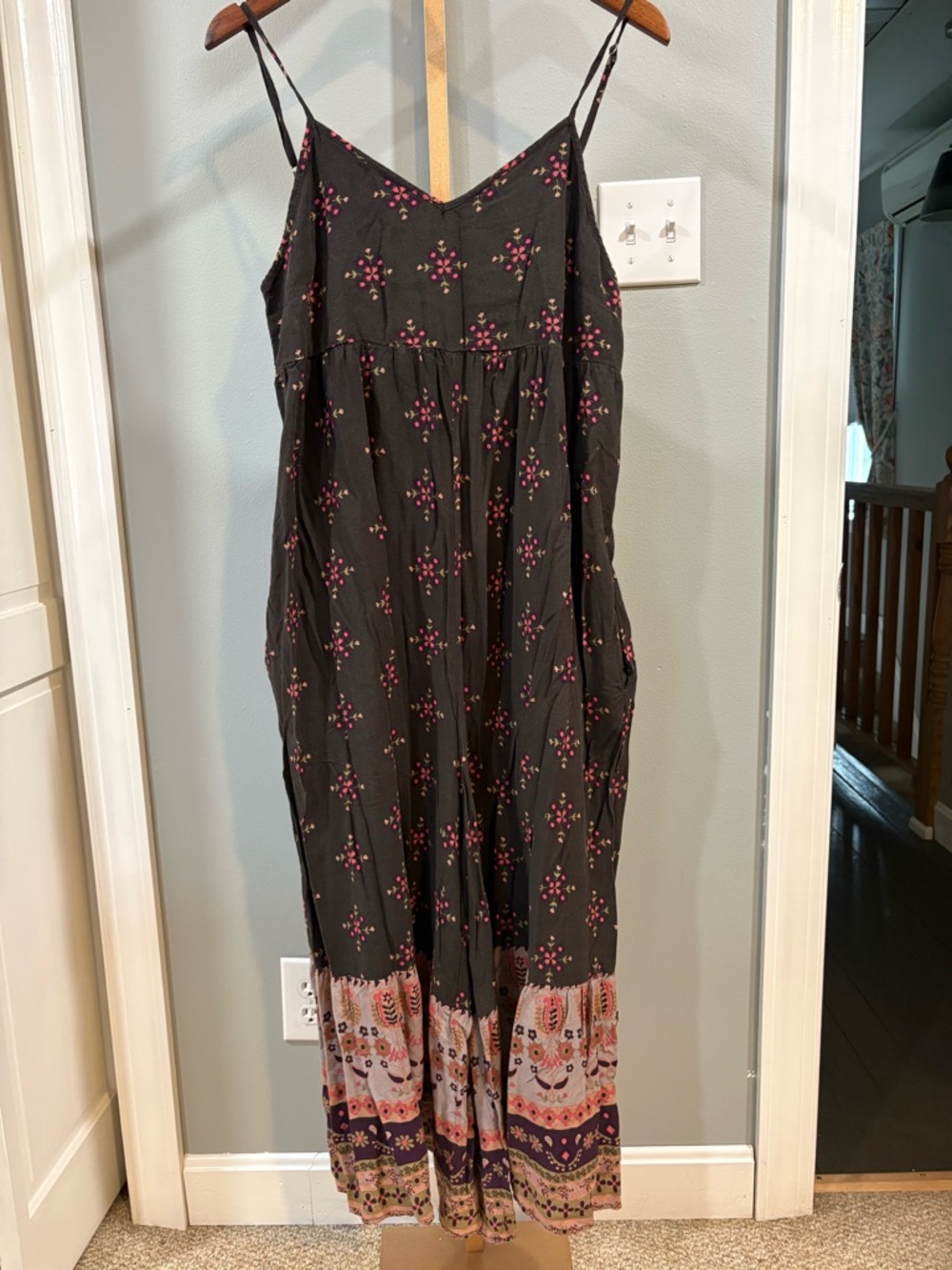 NATURAL LIFE Black Floral Boho Jumpsuit with Pink and Cream Border